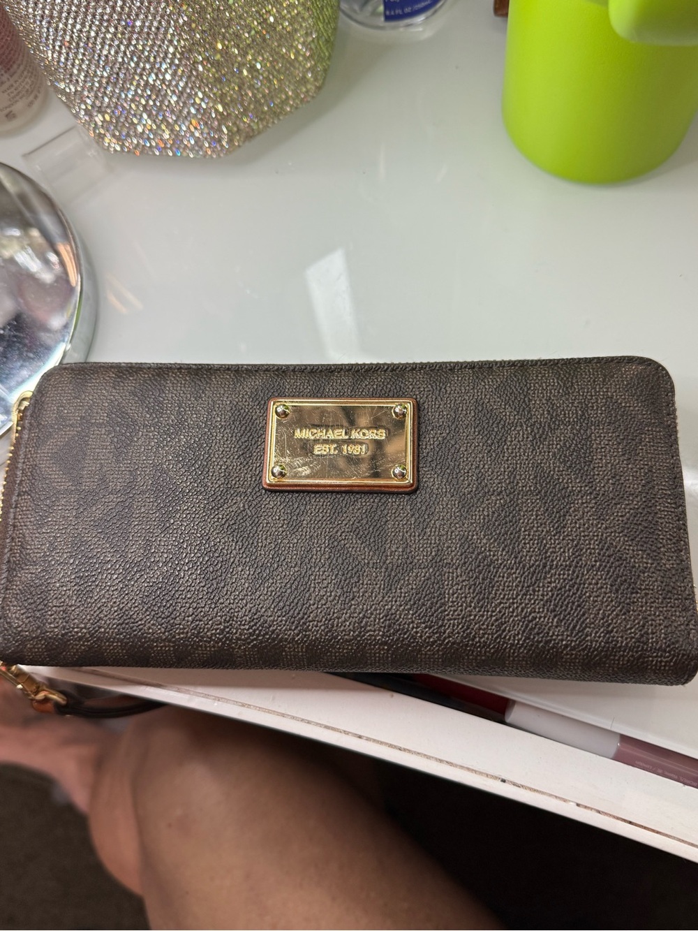 Michael Kors Dark Brown Signature Zip-Around Wallet with Gold Plaque